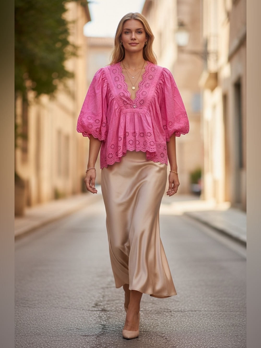 242 • Pink Eyelet Cotton Peasant Blouse